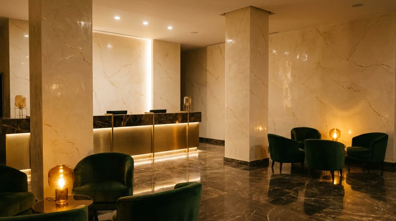 Hotel lobby, gold-veined columns