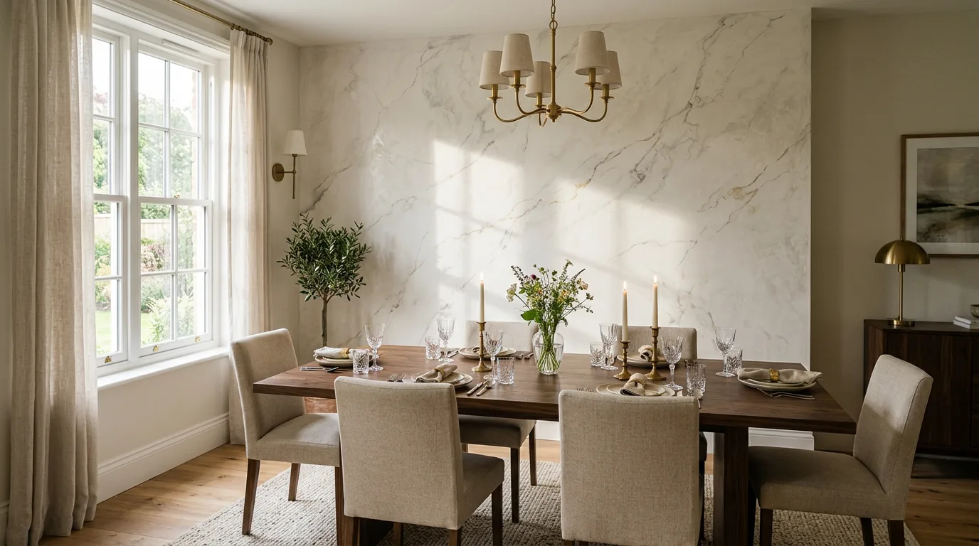 The same wall in ivory marble-effect plaster with gold veining