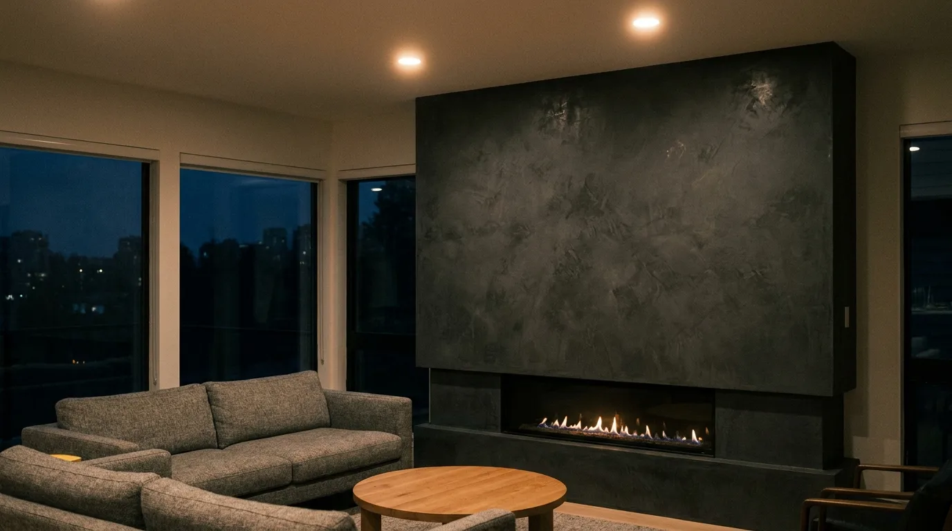 The same wall finished in charcoal marmorino Venetian plaster