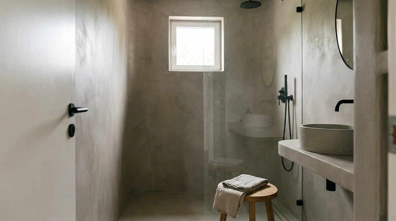 The same bathroom in seamless warm-grey tadelakt