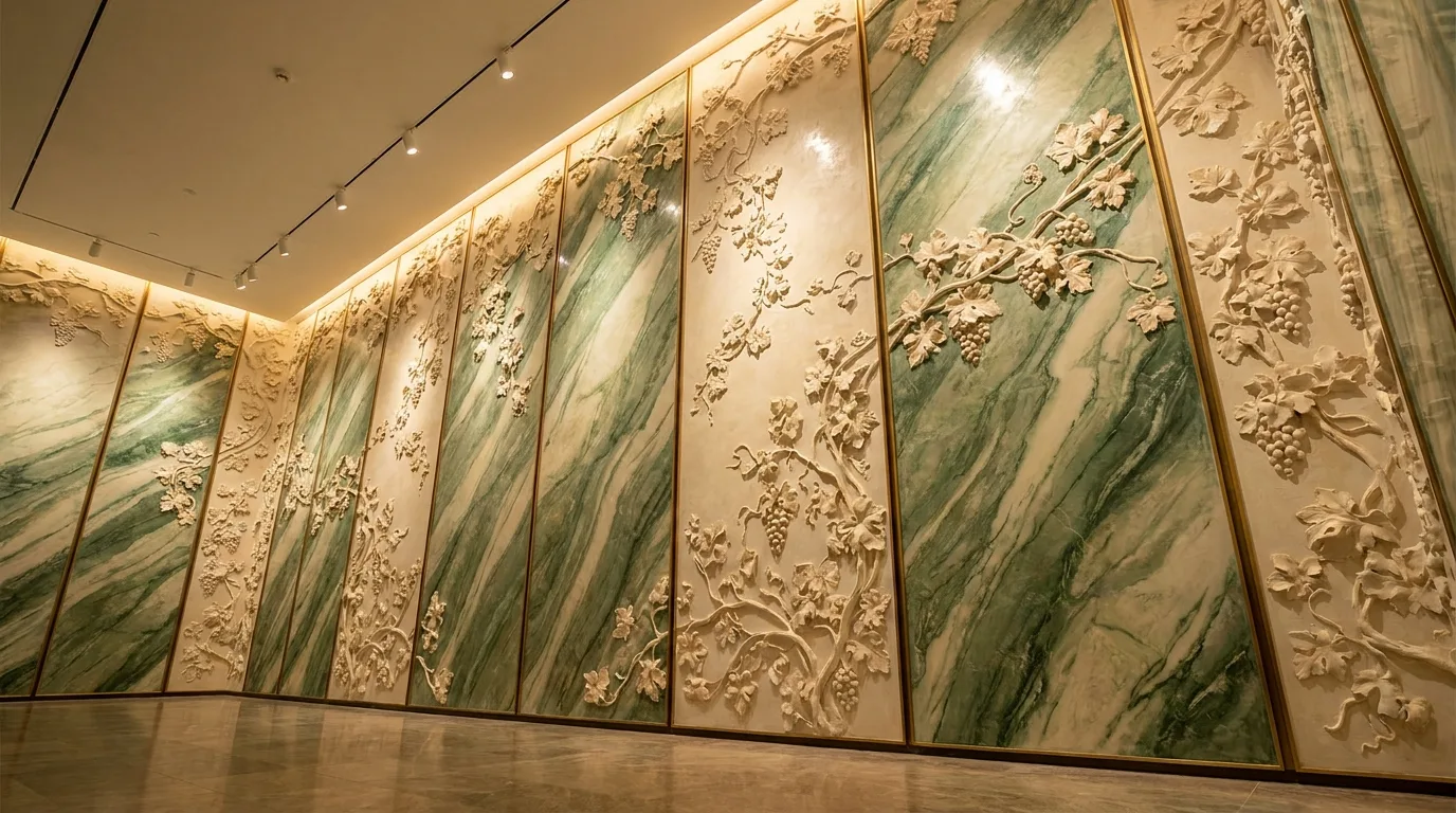 Palatial wall of sculpted vine relief over green marble-effect plaster with gilded seams