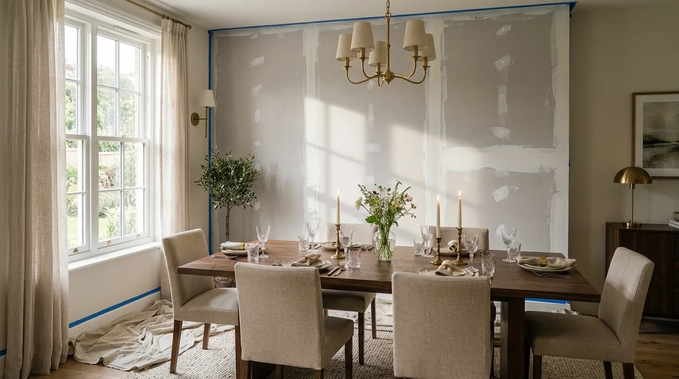 Dining room wall in bare primed drywall