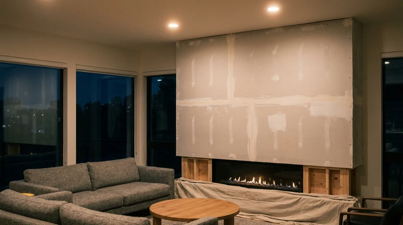 Living room fireplace wall in bare taped drywall before plastering