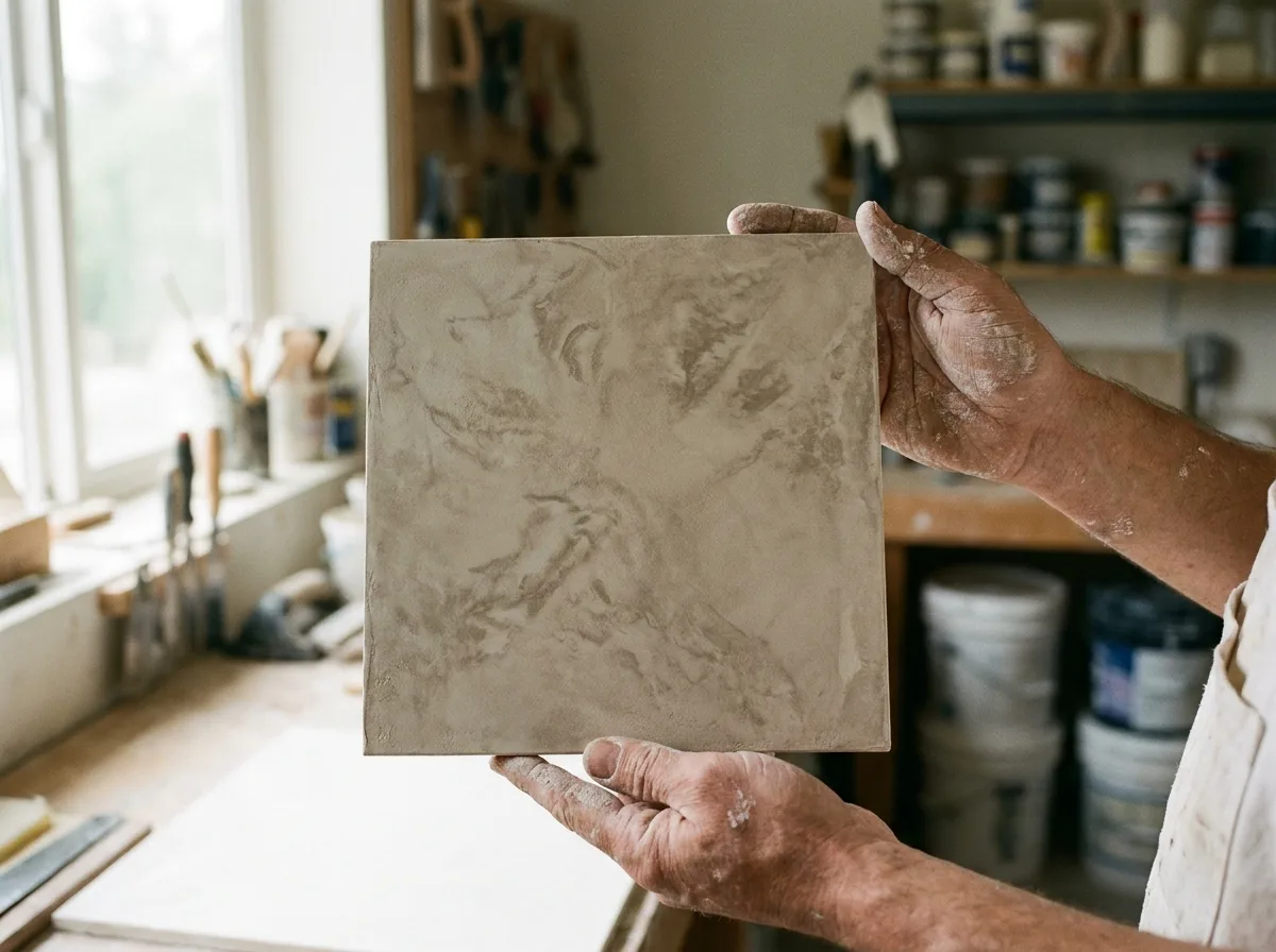 Artisan's hands holding a hand-troweled plaster sample board