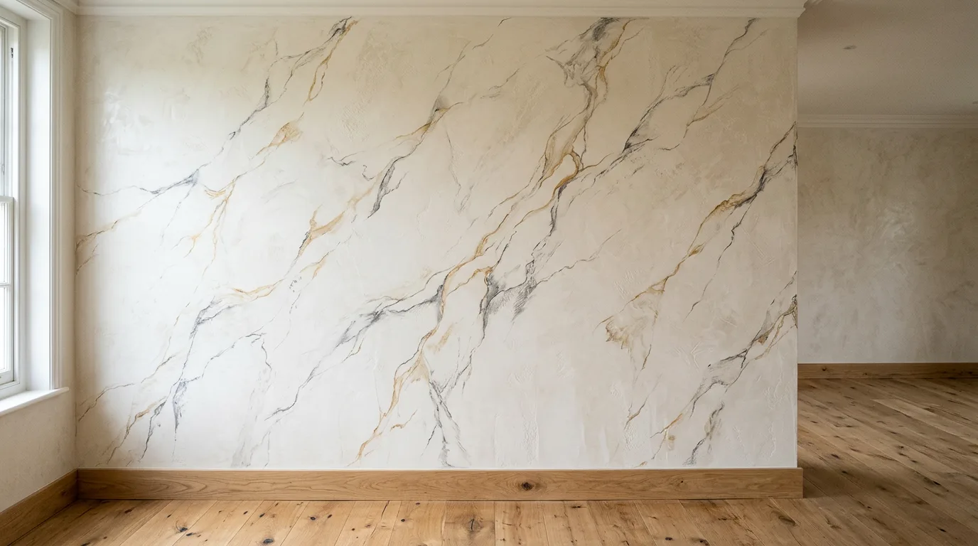 Full-height ivory plaster wall with hand-drawn grey and gold marble veining