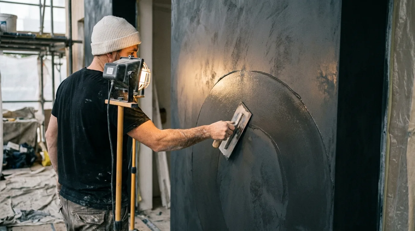 Artisan troweling charcoal marmorino onto a tall wall