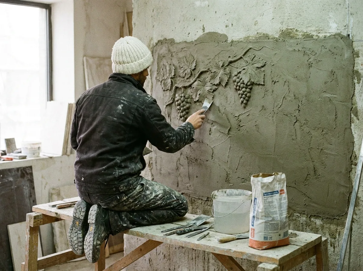 Artisan sculpting a vine relief in wet plaster