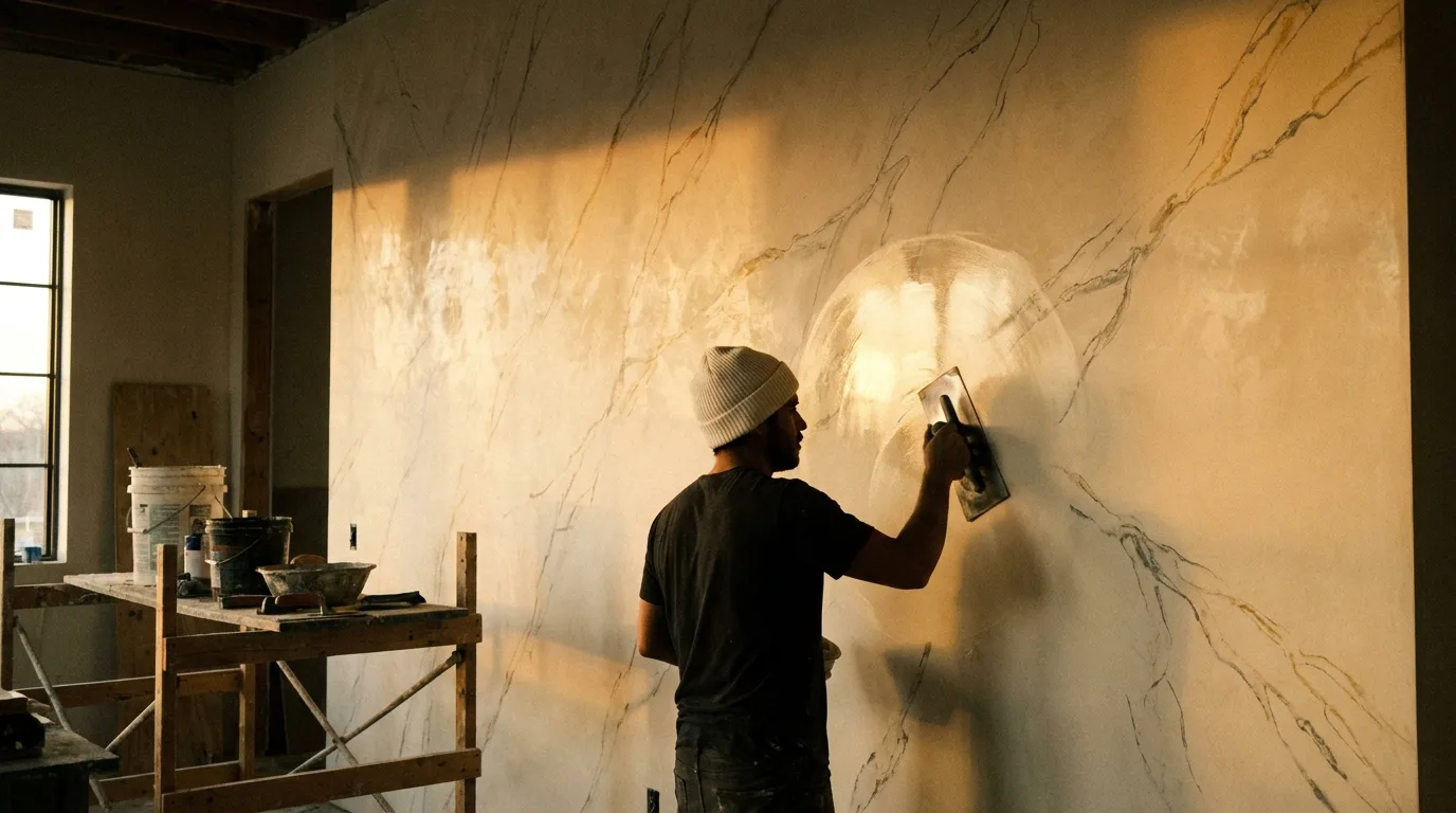Artisan burnishing a full-height veined plaster wall