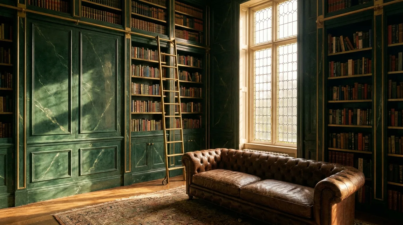 Library in forest-green polished plaster