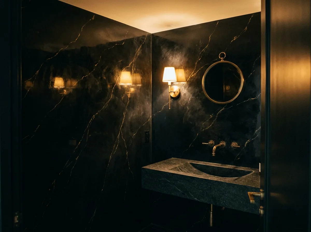 Powder room in black polished plaster with gold veining