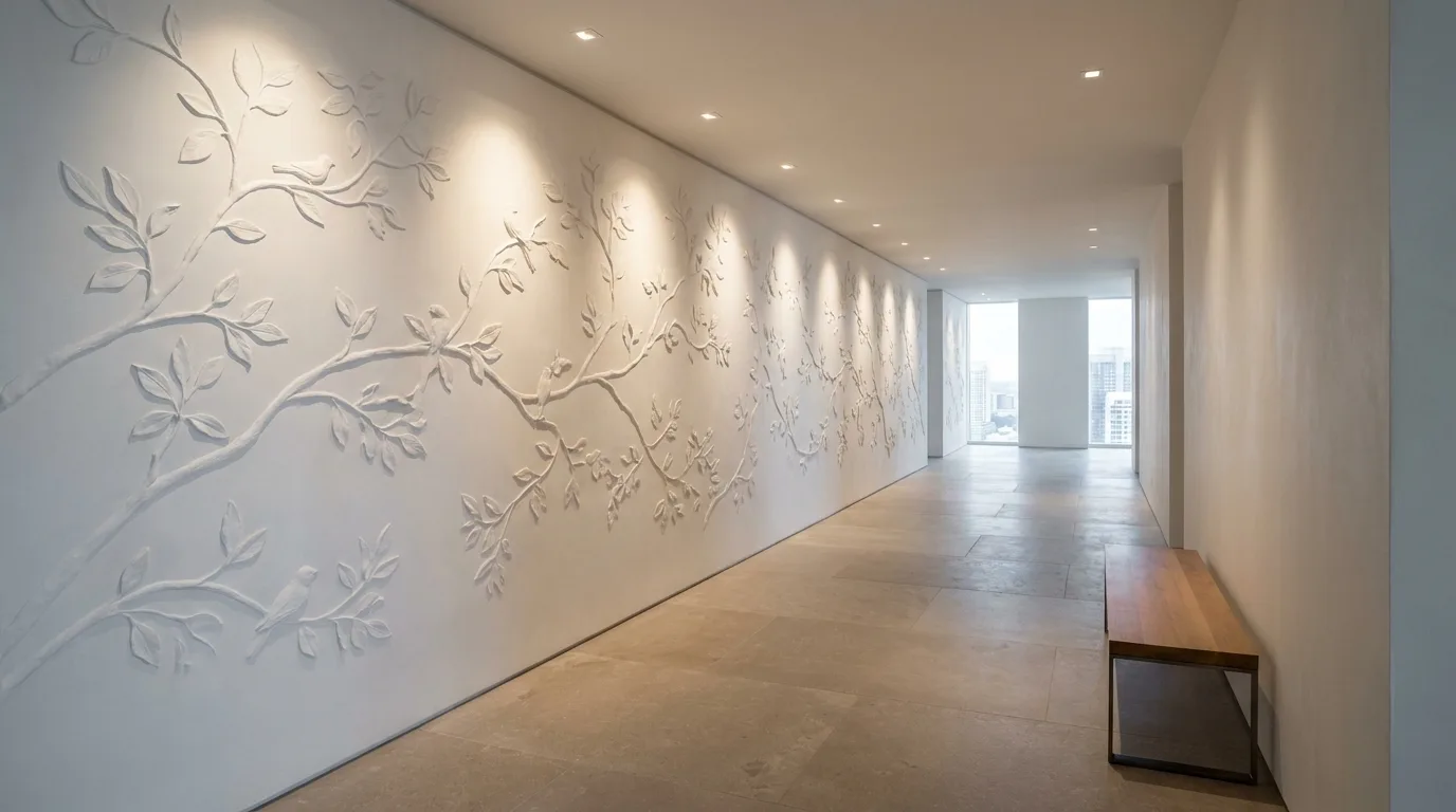 Bas-relief botanical mural hallway