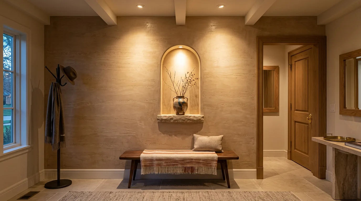 The same foyer in travertine-effect plaster with a lit niche
