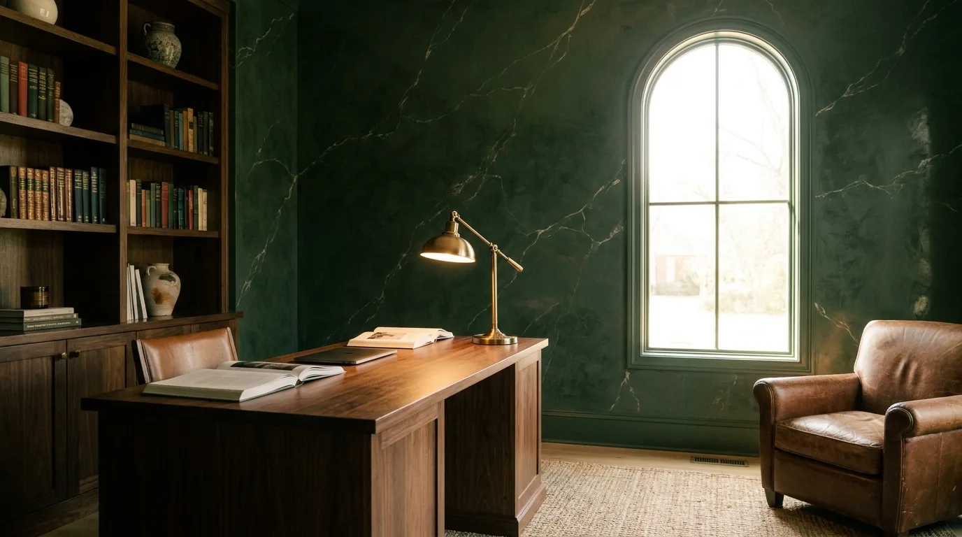 The same office in forest-green polished plaster