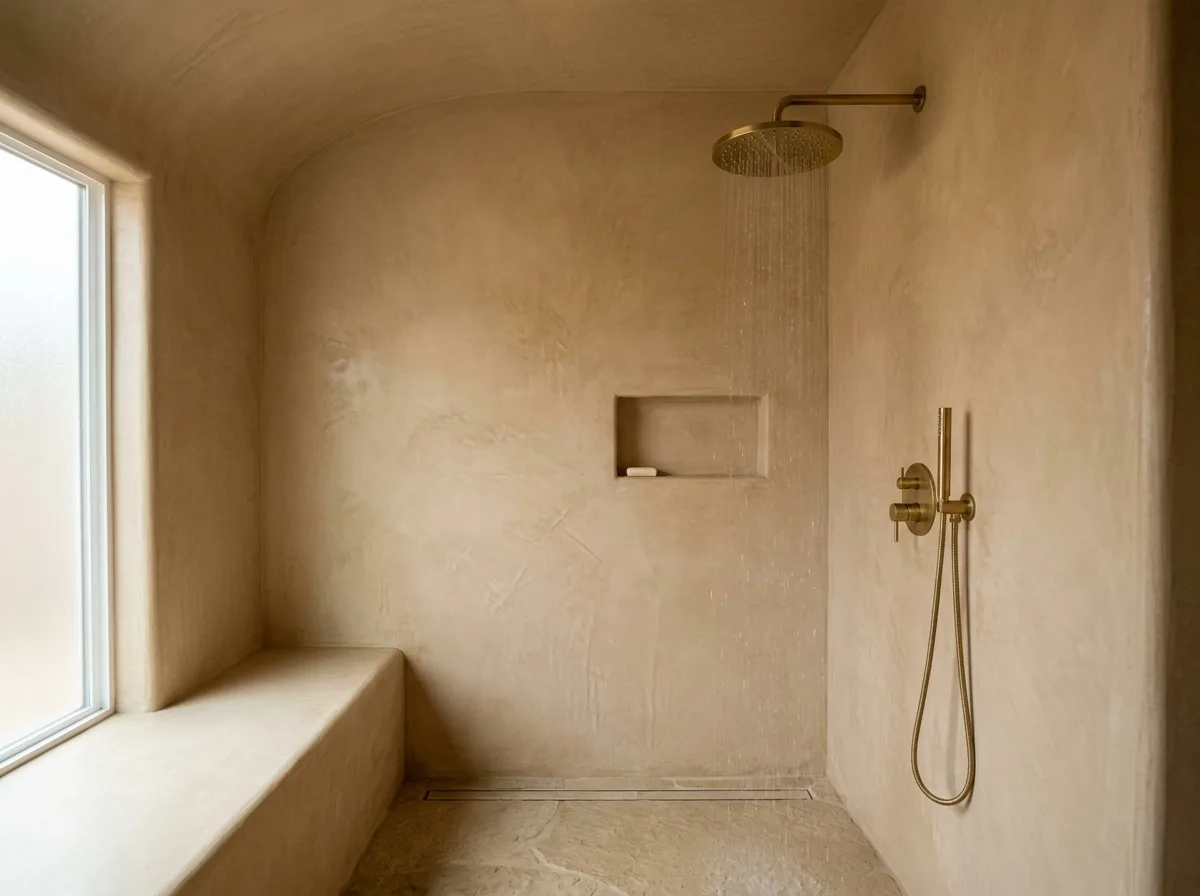 The same shower in seamless sand tadelakt