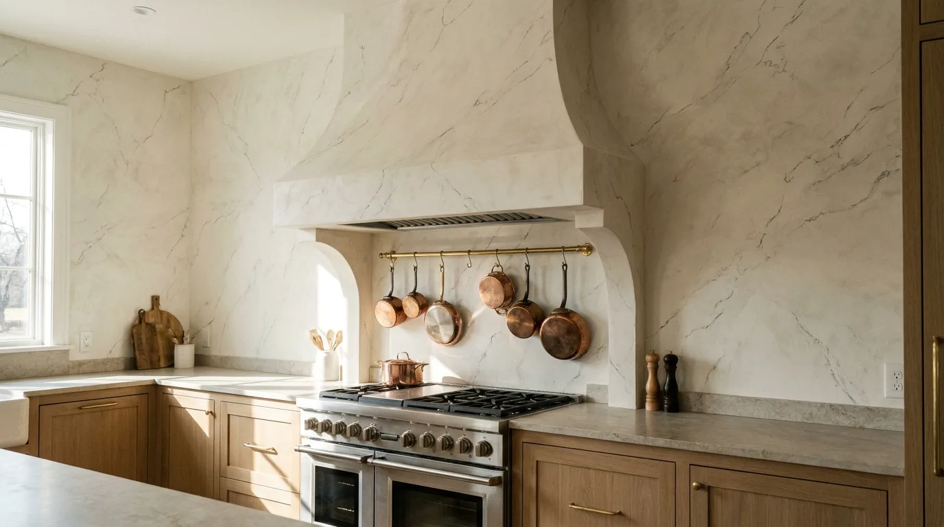 The same kitchen with a marble-plaster range wall and sculpted hood