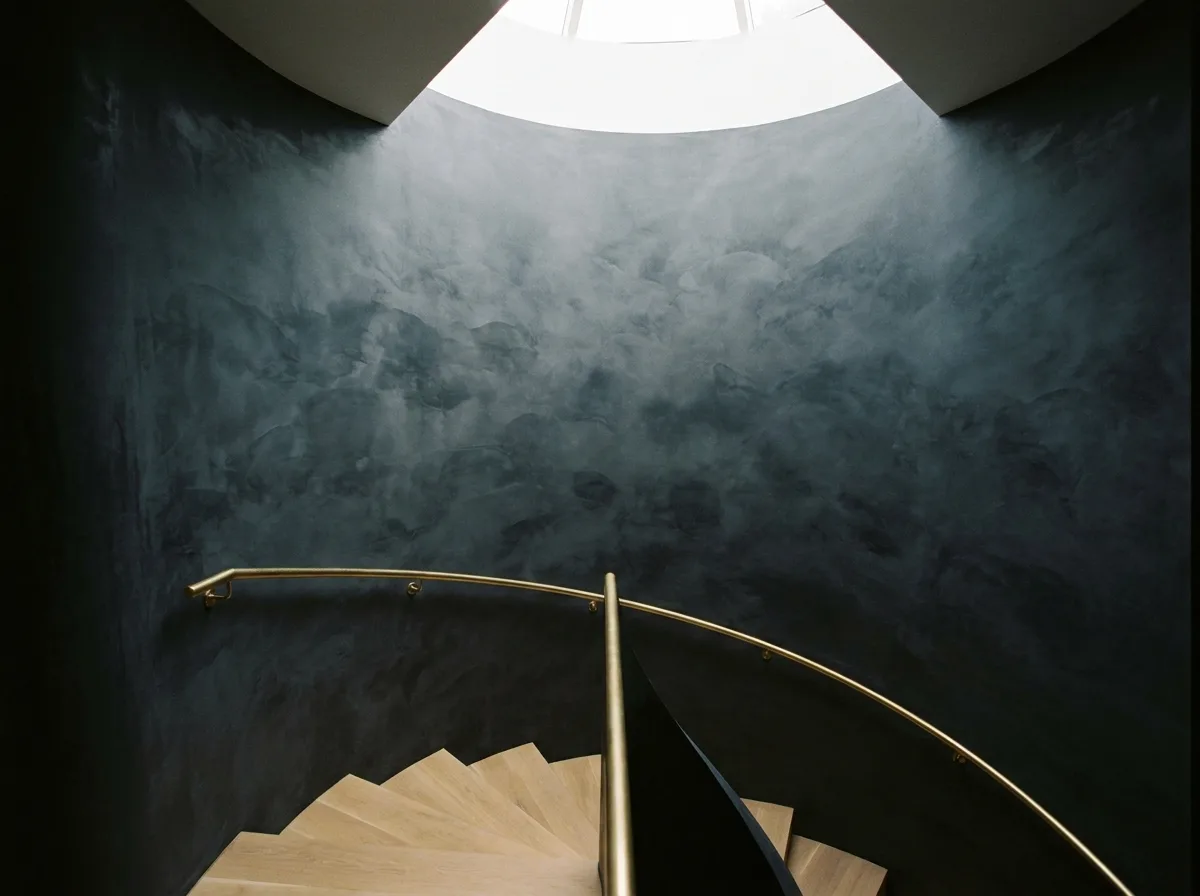 The same stairwell in charcoal marmorino with brass rail