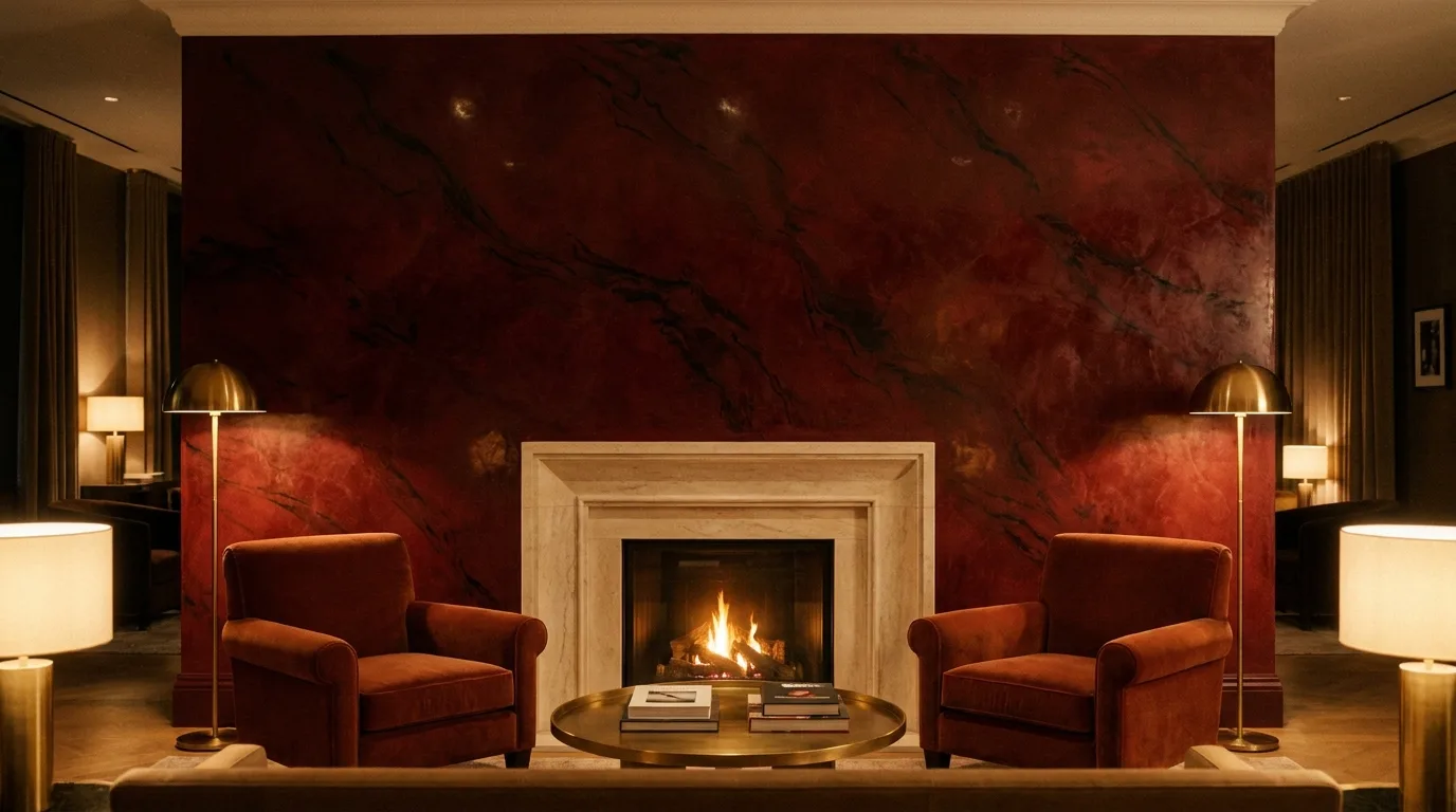 The same lounge in oxblood polished plaster