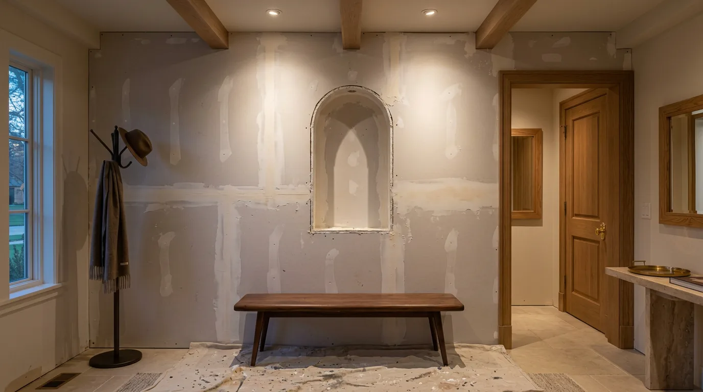 Entry foyer wall in bare taped drywall