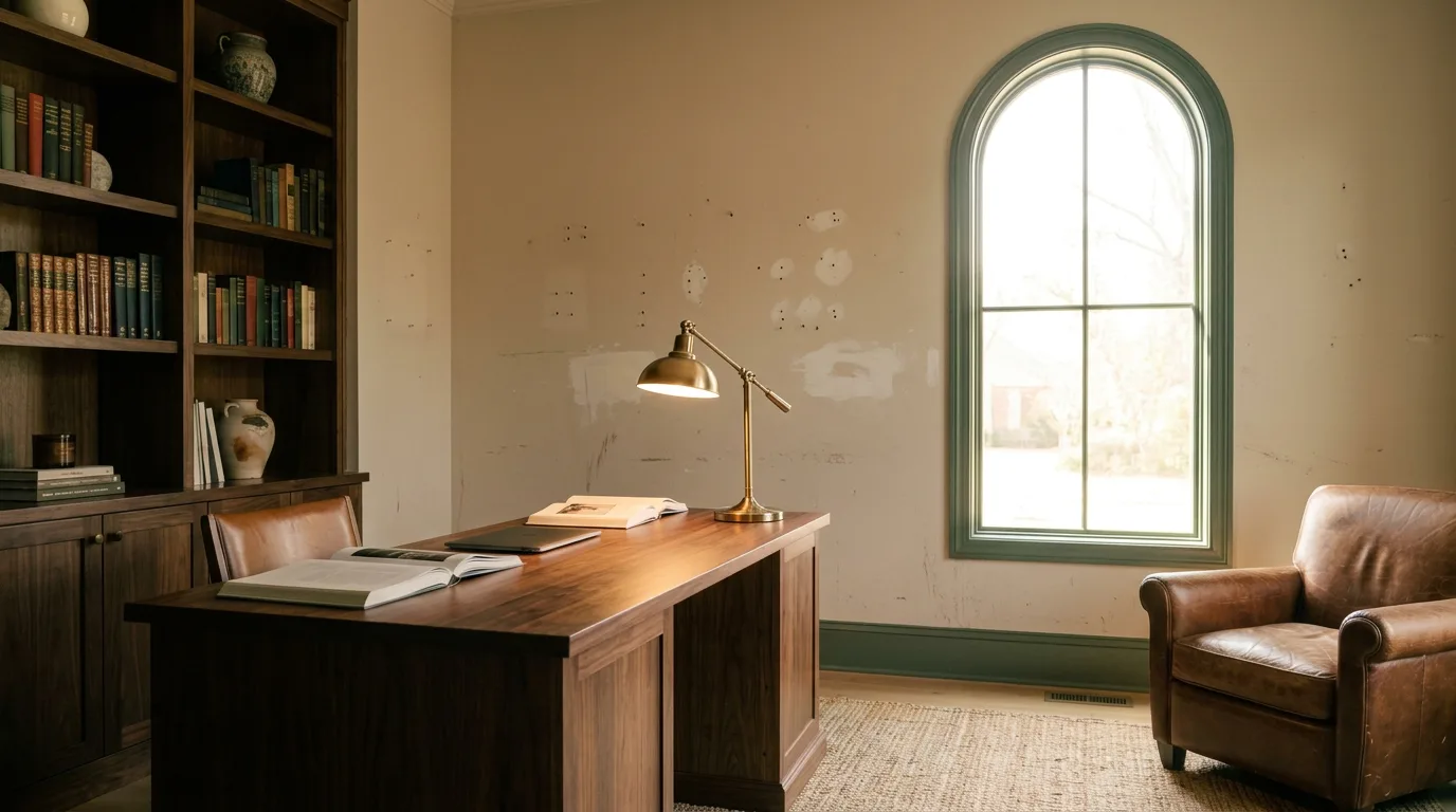 Home office in scuffed builder-beige paint