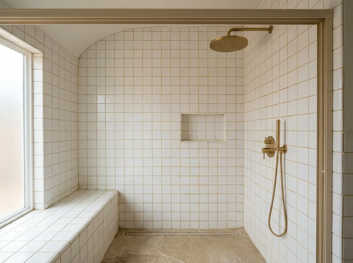 Dated white-tiled shower before renovation