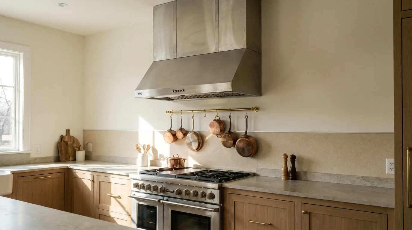Kitchen with dated laminate backsplash and old vent hood