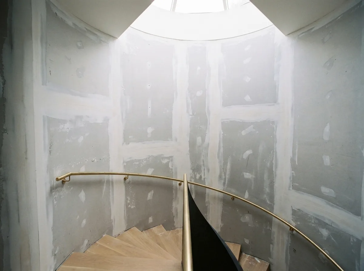 Curved stairwell wall in taped primer-patched drywall