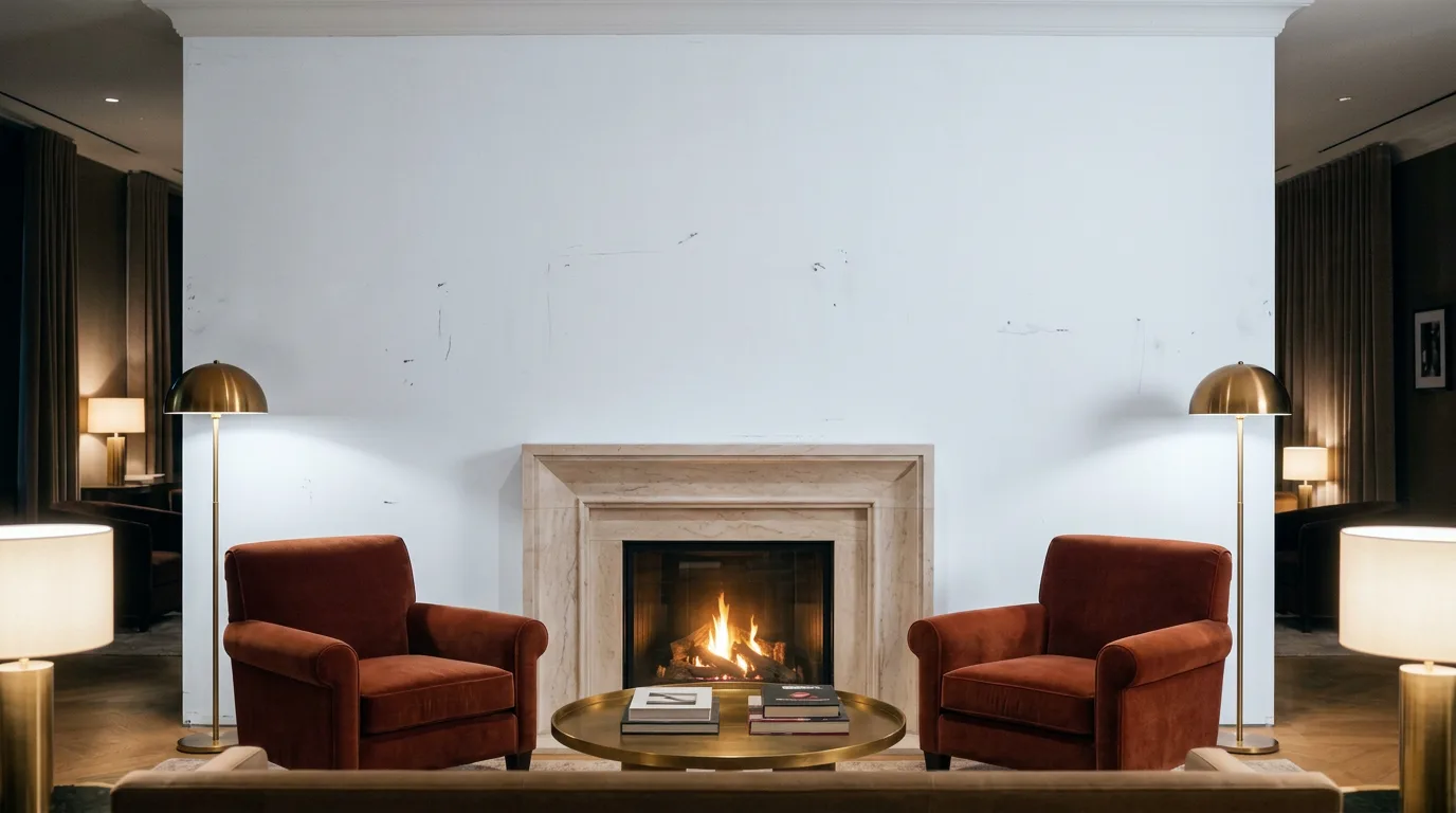 Hotel lounge with plain white painted wall