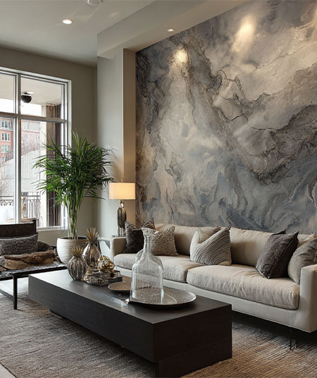 Grey marble-effect Venetian plaster feature wall in a living room