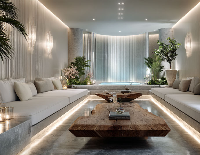 Luxury spa lounge with fluted plaster walls and warm lighting