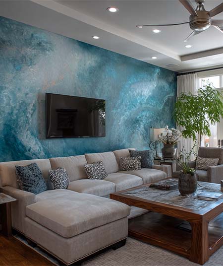 Metallic blue Venetian media wall